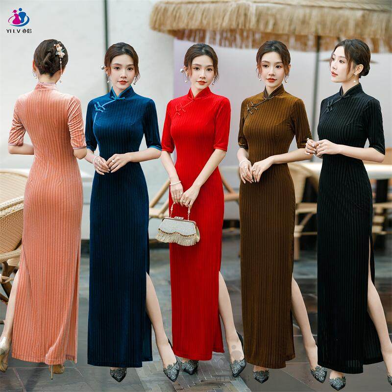 气质修身淑女表演改良旗袍中袖长款2023年新款高腰显瘦连衣裙女装