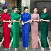 提花2025喜婆婆年会修身 红色长款 气质走秀表演连衣裙 新款 旗袍中式