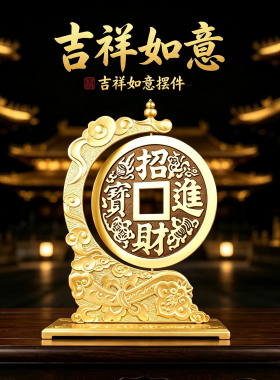 黄铜铜钱摆件支架旋转摆件家居桌面铜钱旋转摆件开业庆典礼品摆饰