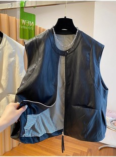 坎肩皮夹克上衣 女马甲背心黑白外套无袖 南油25年秋季 新款