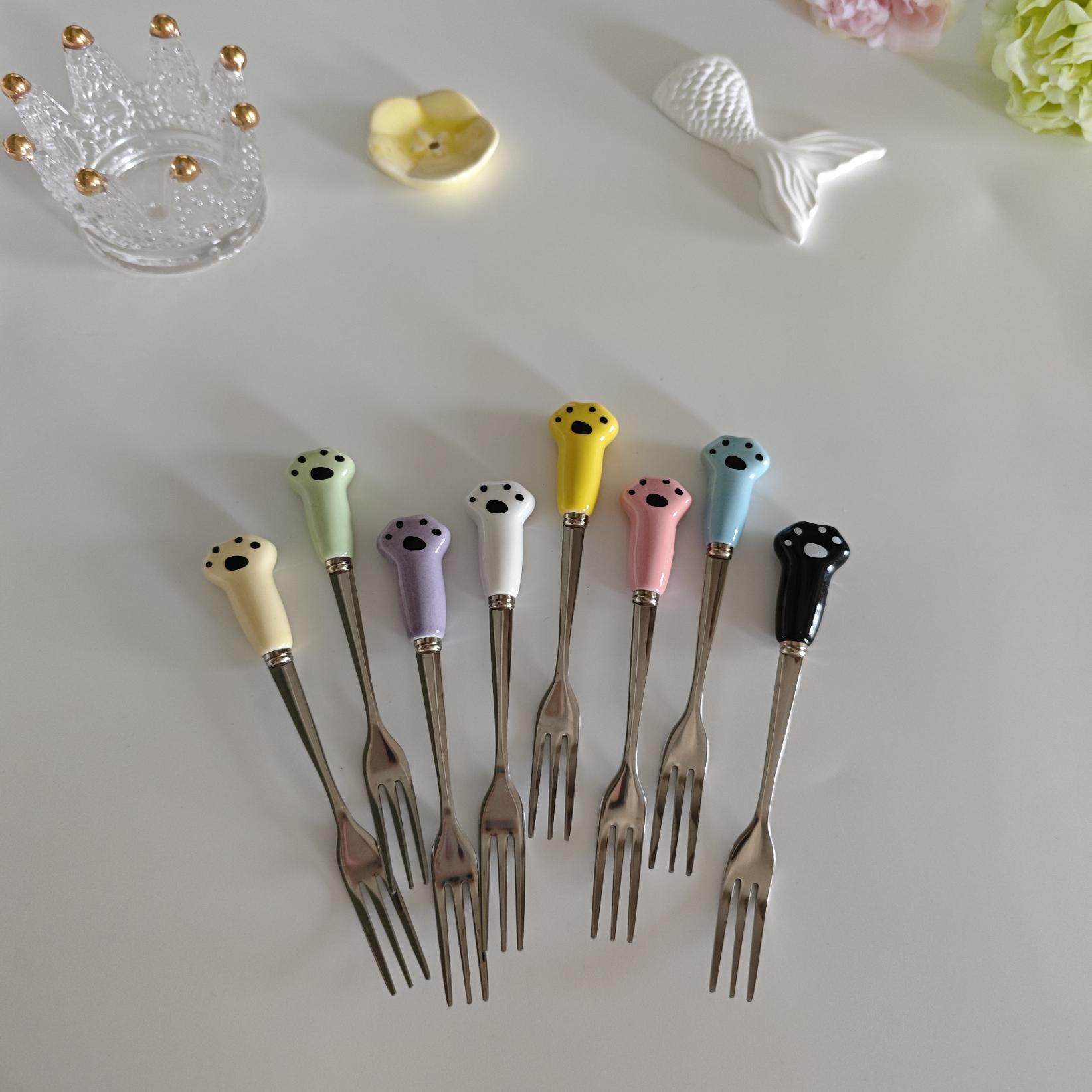 创意304不锈钢水果叉子可爱彩色陶瓷小猫爪手柄甜品叉蛋糕点心签,餐饮具,水果叉/水果签,淘宝优惠券,粉丝福利购,淘宝优惠卷