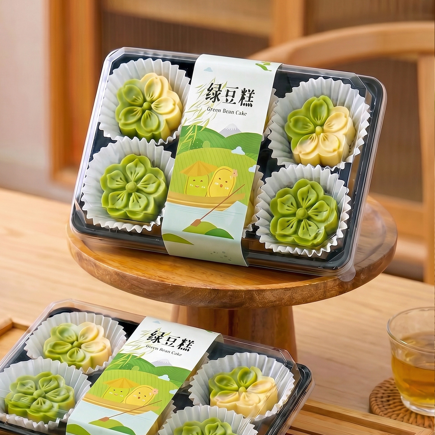 绿豆糕包装盒6粒卡通围边贴纸月饼糕点加高透明食品级吸塑空礼盒