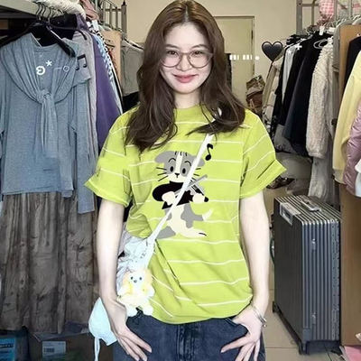 绿色条纹日系卡通印花短袖t恤女