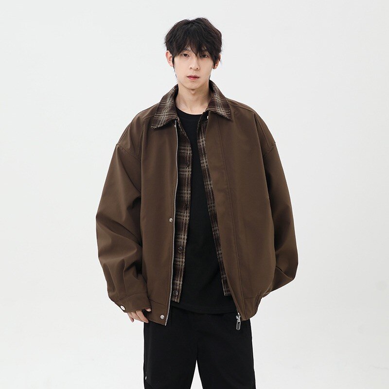 2025春秋季假两件外套男士酷帅穿搭棒球服青少年美式翻领夹克潮