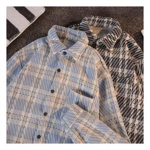 春秋港风复古休闲衬衣潮牌ins宽松格子衬衫 外套W5747P35 男长袖