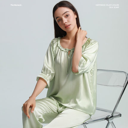 2025新款桑蚕丝高档真丝睡衣两件套装春秋夏季中袖圆领起居服女款