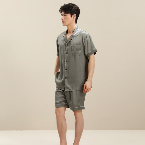100%桑蚕丝男士睡衣套装夏季短袖短裤翻分体式领真丝家居服可外穿