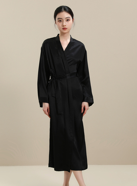 2026新款100%桑蚕丝真丝睡袍女士单件浴袍休闲家居服黑色长裙晨袍