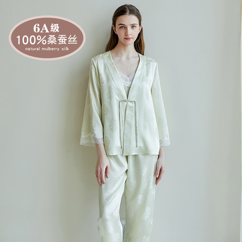 杭州丝绸100%桑蚕丝家居服吊带长裤三件套真丝蕾丝宽松中国风睡衣