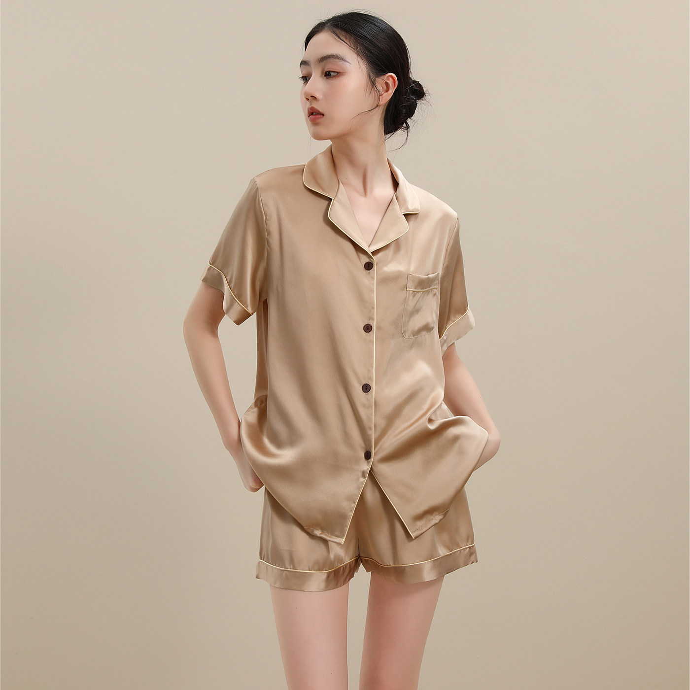 100%桑蚕丝真丝睡衣女短袖短裤两件套装夏季休闲家居服翻领香槟色