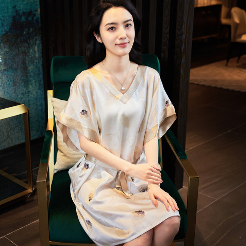 丝绸短袖宽松加大码v领家居服