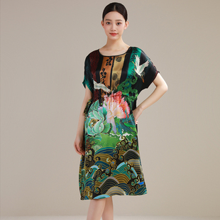 新中式100%桑蚕丝睡衣真丝睡裙女夏短袖收腰显瘦外穿丝滑妈妈长裙