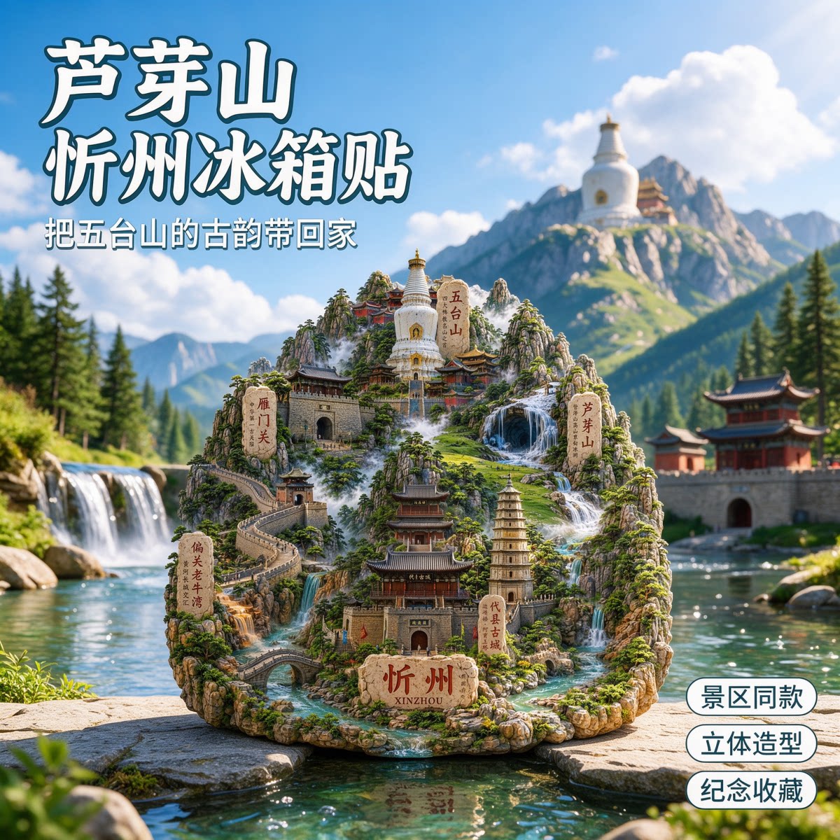 忻州浮雕新款金属冰箱贴芦芽山雁门关山西城市旅游景点纪念品磁贴
