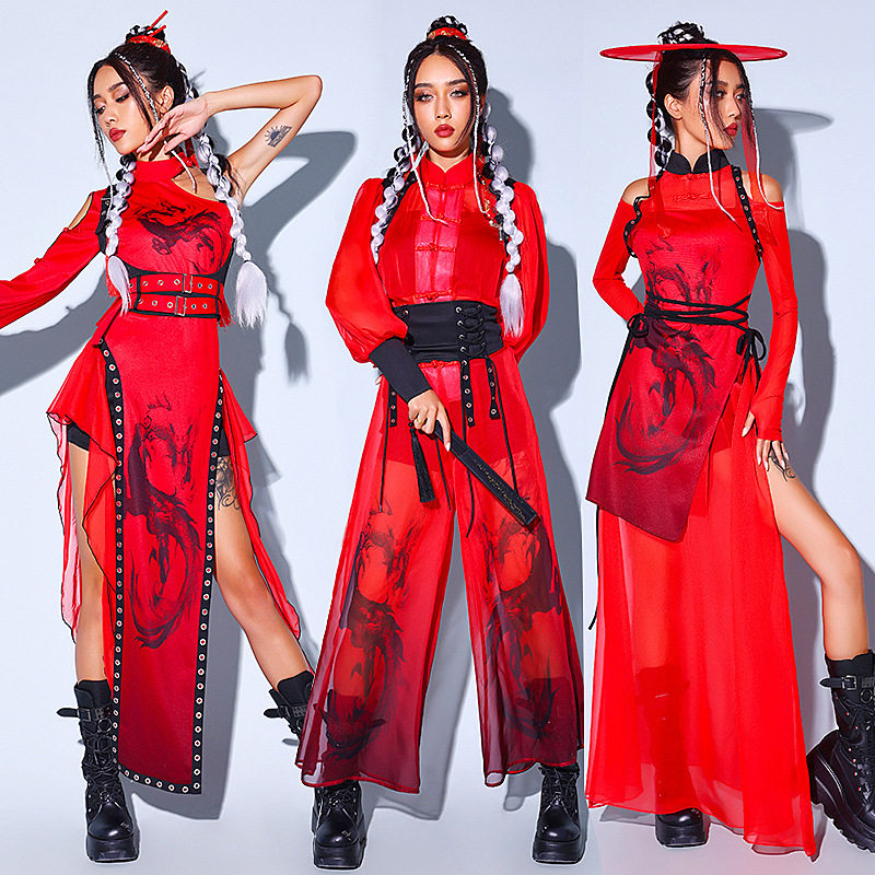 中国风舞蹈服女ds演出服性感红色爵士舞跳舞服套装团体中国舞服