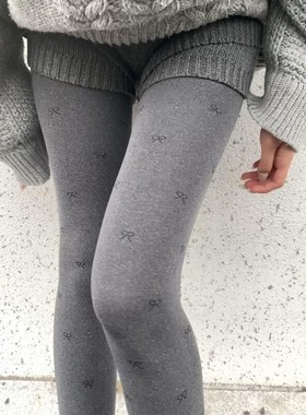甜美蝴蝶结连裤袜灰色格雷系穿搭复古秋冬季外穿打底袜女美腿显瘦
