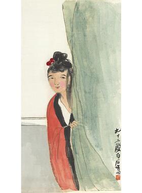 高清复刻齐白石93岁作品红衣仕女图国画写意人物画艺术微喷装饰画