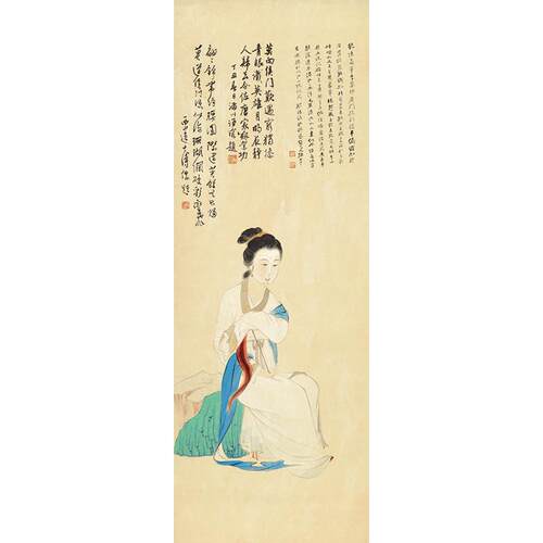1:1张大千红荷仕女图名家真迹国画艺术微喷名画复制品临摹装饰