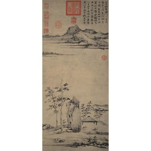 1:1倪瓒紫芝山房图真迹国画艺术微喷古代名画复制品客厅装饰画