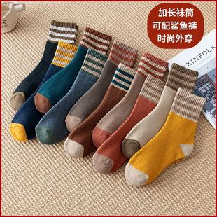 配鲨鱼裤的袜子冬季加绒加厚毛巾袜条纹保暖纯棉袜长袜中学生女士