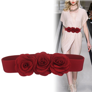 饰弹力松紧腰带女细连衣裙子腰封红色 百搭布料手工花朵装 新款 时尚