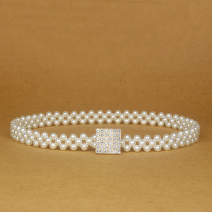 新款春夏时尚百搭仿珍珠松紧腰带女装饰衬衫连衣裙子弹力皮带细白