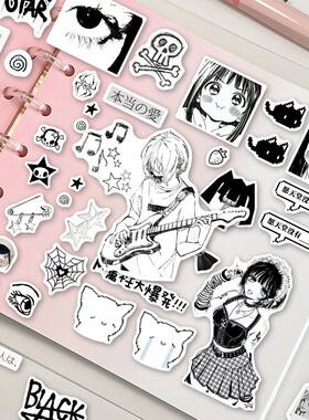 ins高颜值二次元黑白动漫少女咕卡素材拼贴贴纸ins韩系手账diy