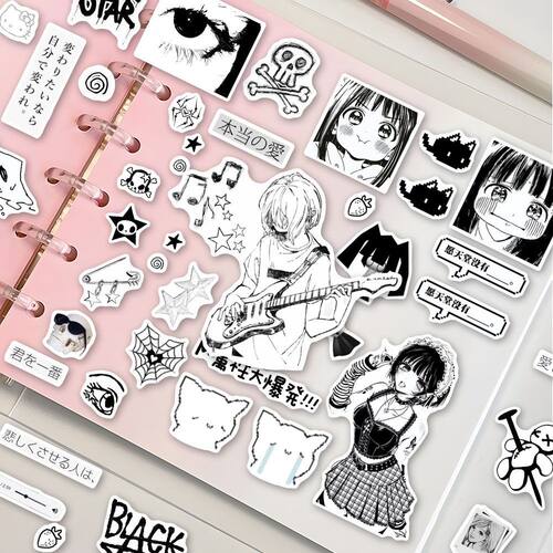 ins高颜值二次元黑白动漫少女咕卡素材拼贴贴纸ins韩系手账diy