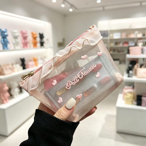 韩国ins风少女网纱爱心刺绣便携透明化妆包可爱纸巾包补妆收纳包