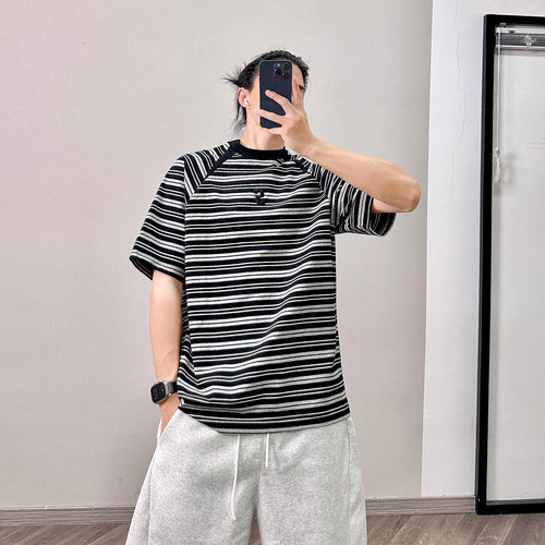 PGUP STUDIO美式复古黑白条纹短袖T恤男夏季机能休闲百搭潮流上衣