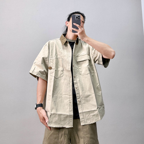PGUP STUDIO复古底特律工装短袖衬衫男夏季廓形宽松翻领休闲衬衣