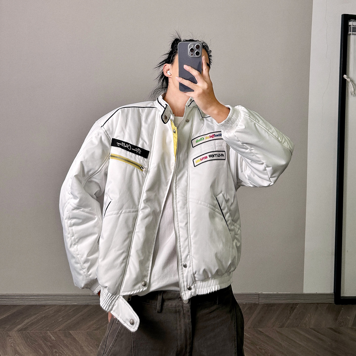 PGUP STUDIO美式复古机能赛车服立领棉衣男女白色棉服保暖外套潮