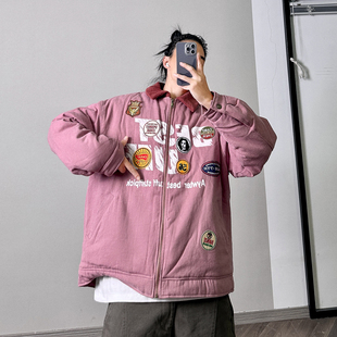 PGUP STUDIO美式休闲徽章贴标印花水洗棉衣男粉色加厚棉袄外套潮
