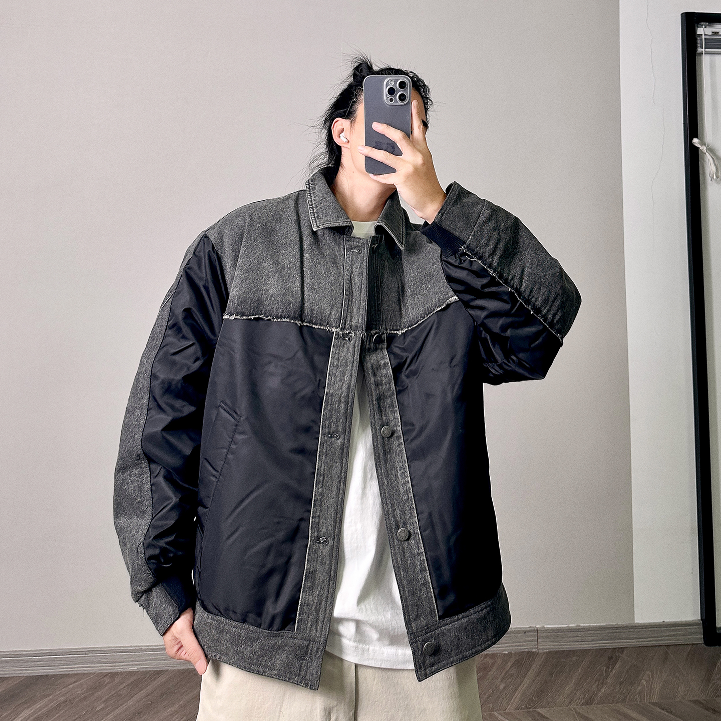 PGUP STUDIO 12月14日8:00上新 90白鸭绒水洗做旧拼接牛仔羽绒服