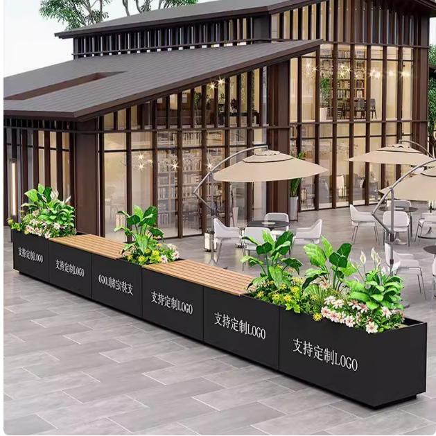 户外不锈钢花箱坐凳组合公园商业街广场商场成品塑木座椅花槽定制图片