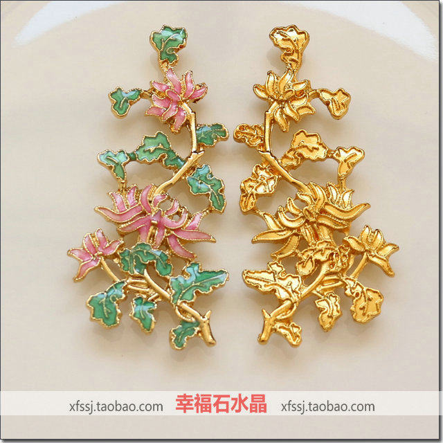 粉色滴油手工diy仿烧蓝景泰蓝菊花点翠胎底 古风发簪凤冠头饰材料