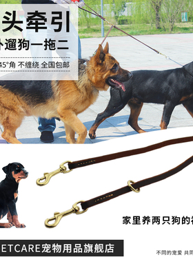 petcare包邮宠物牵引绳双头狗链狗项圈狗绳牛皮牵引牛皮狗链金毛