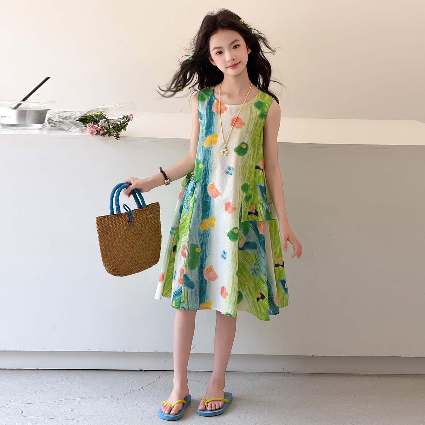 女童夏季连衣裙2026新款儿童裙子小女孩无袖背心裙碎花棉布连身裙