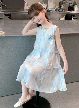 女童夏连衣裙2026新款夏季薄款蓝色儿童裙子女孩蛋糕裙无袖公主裙