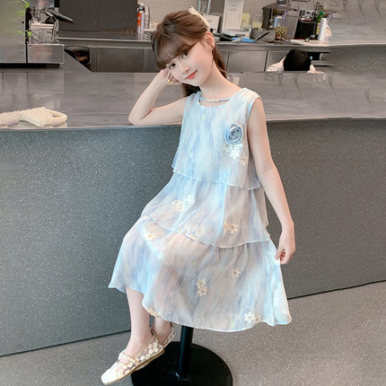 女童夏连衣裙2026新款夏季薄款蓝色儿童裙子女孩蛋糕裙无袖公主裙