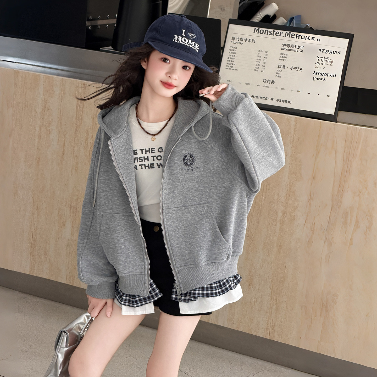 女童外套秋装2026新款春秋季儿童衣服女孩连帽拉链上衣灰色中大童
