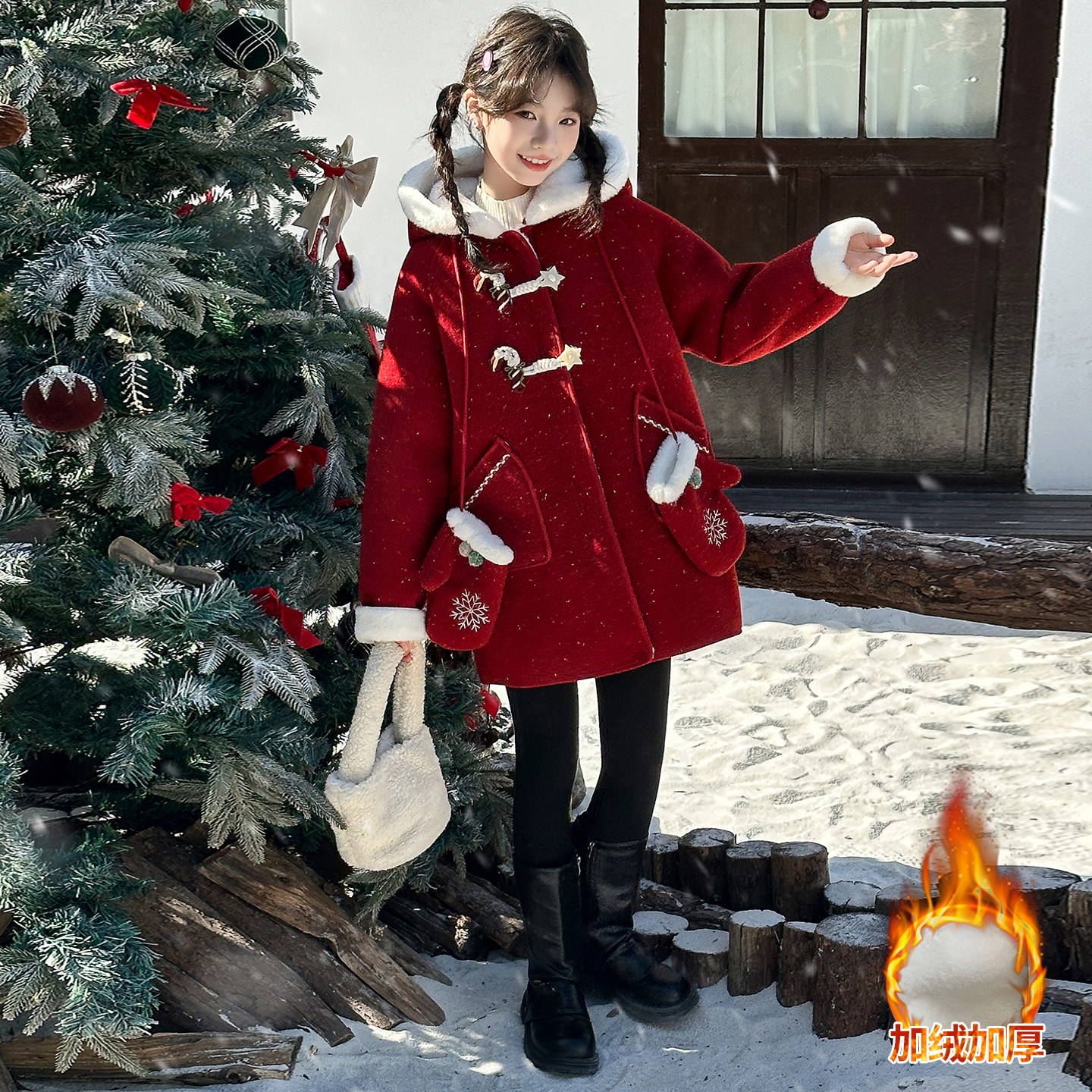 儿童呢子大衣女童毛呢外套中长款2025新款冬季加绒加厚红色中大童