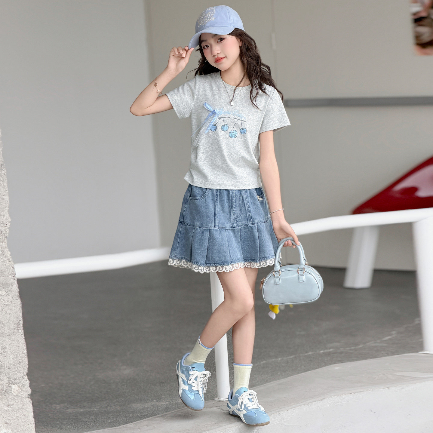 女童夏季套装2026新款薄儿童衣服女孩短袖T恤牛仔百褶裙子两件套