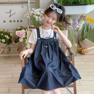 女童背带裙套装夏季薄款2026新款儿童天丝牛仔吊带裙子两件套女孩