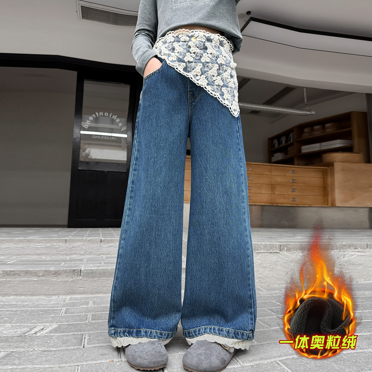 女童加绒牛仔裤2025新款中大童宽松阔腿裤秋冬季女孩儿童屁帘裤子