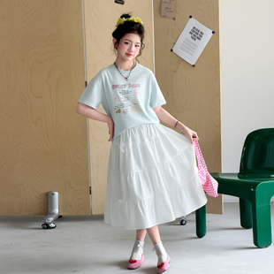 女童套装夏季薄款洋气2026新款儿童短袖T恤半身裙子两件套中大童