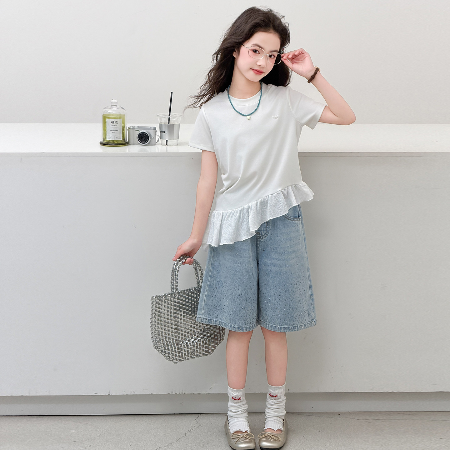 女童夏季套装2026新款儿童衣服女孩短袖T恤5分牛仔中裤两件套大童