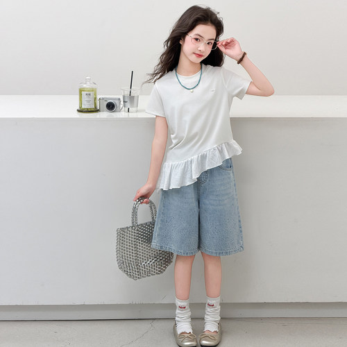 女童夏季套装2026新款儿童衣服女孩短袖T恤5分牛仔中裤两件套大童