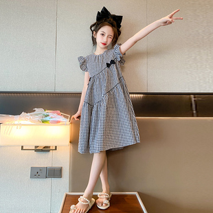 女童夏季连衣裙2026新款洋气飞袖中大儿童夏装女孩纯棉格子裙薄款