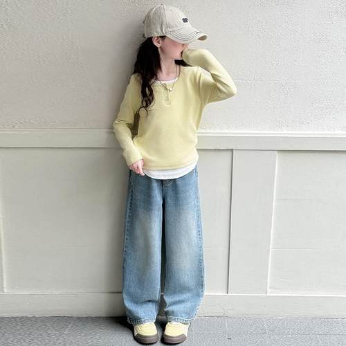 女童长袖t恤儿童打底衫内搭2026新款女孩春装上衣服假两件中大童