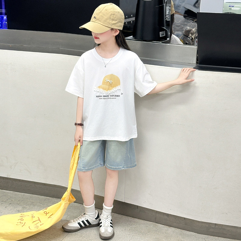 女童夏套装2026新款儿童夏季短袖T恤五分牛仔中裤女孩两件套大童